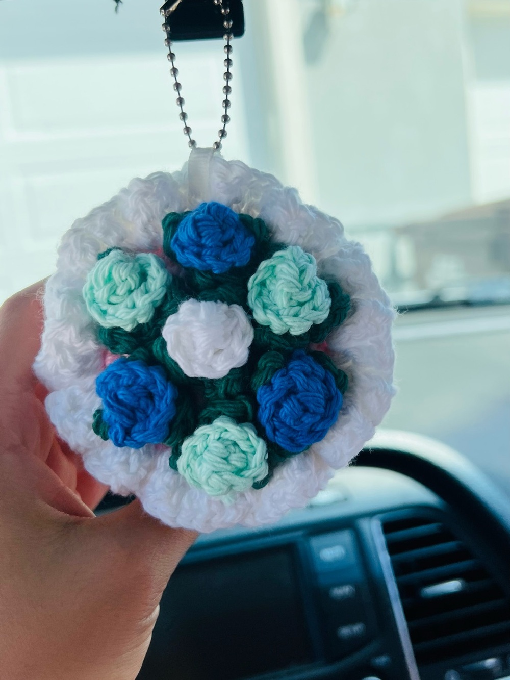 Crocheted Floral Keychain - White, Blue & Mint